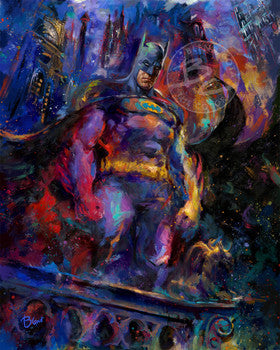 Batman is empowered in this monumental composition viewed from below. 