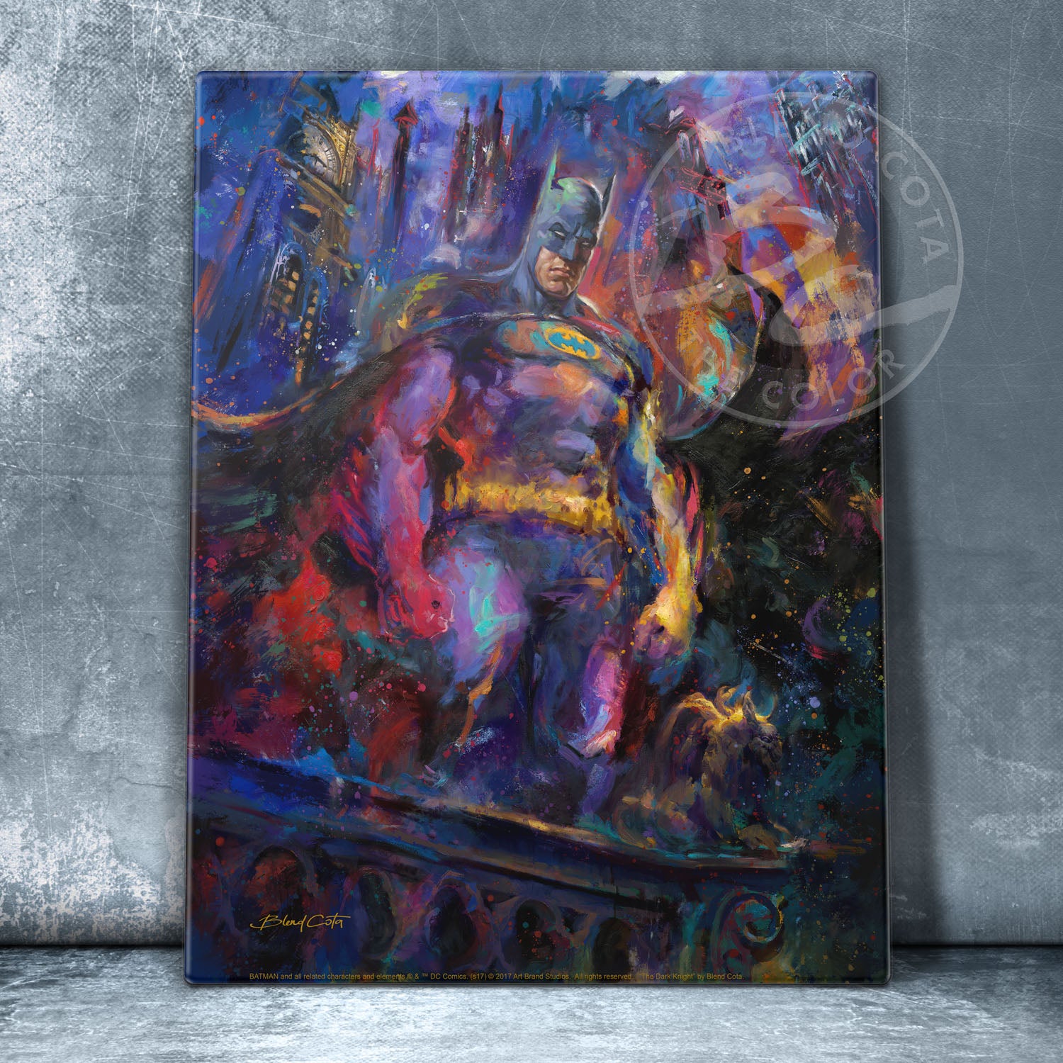 Batman is empowered in this monumental composition viewed from below. As he rises above the colors of explosions and smoke, he watches over Gotham City.