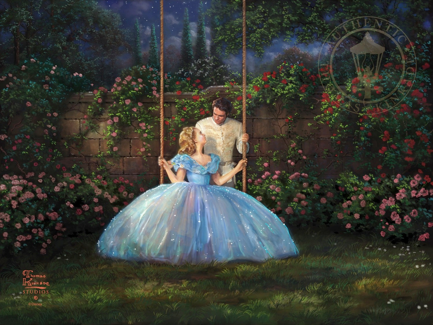 Cinderella sits in the garden swing with the Prince. Unframed