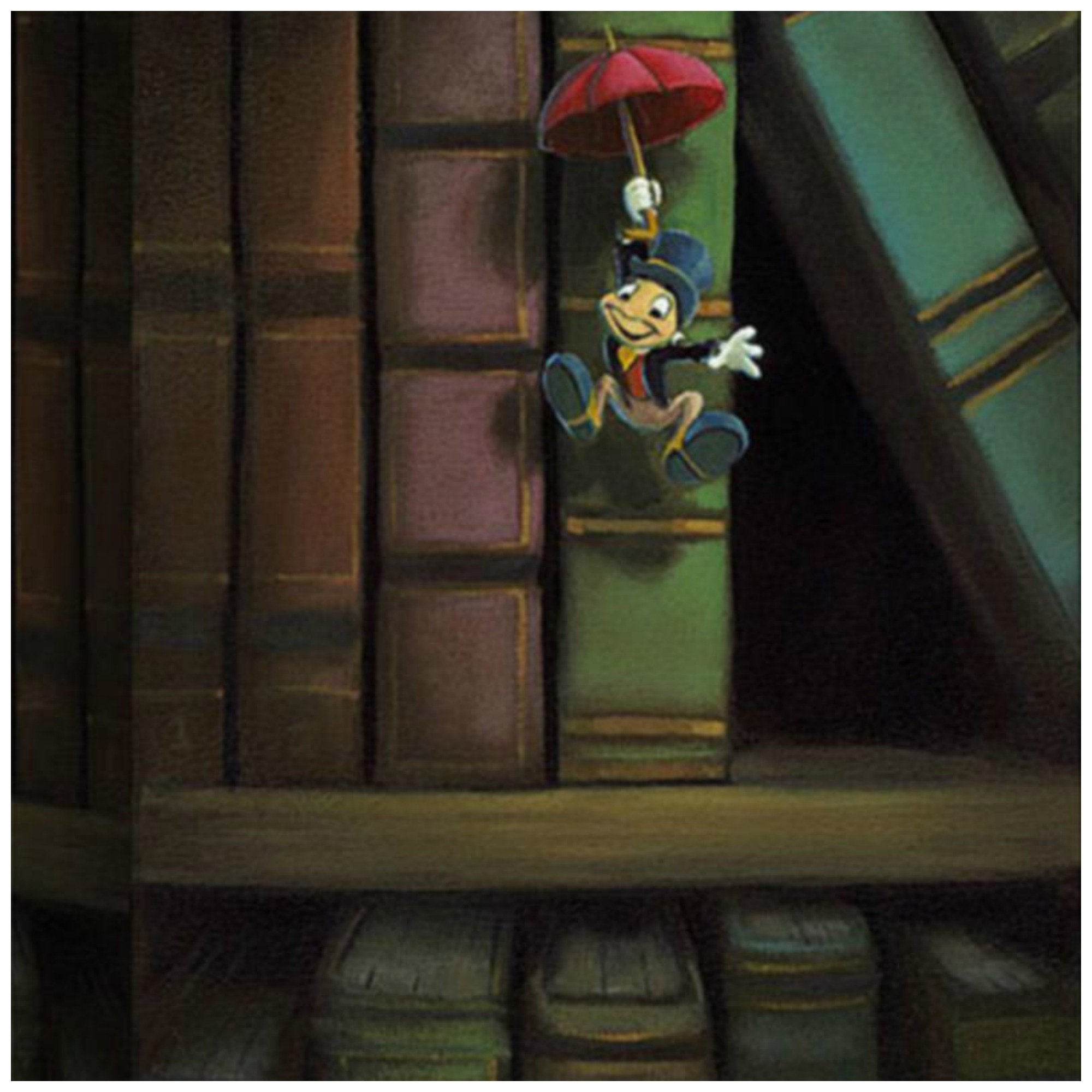 Dropping In by Rob Kaz.  Jiminy Cricket gliding down holding his red umbrella directly above Cleo's fish bowl - closeup