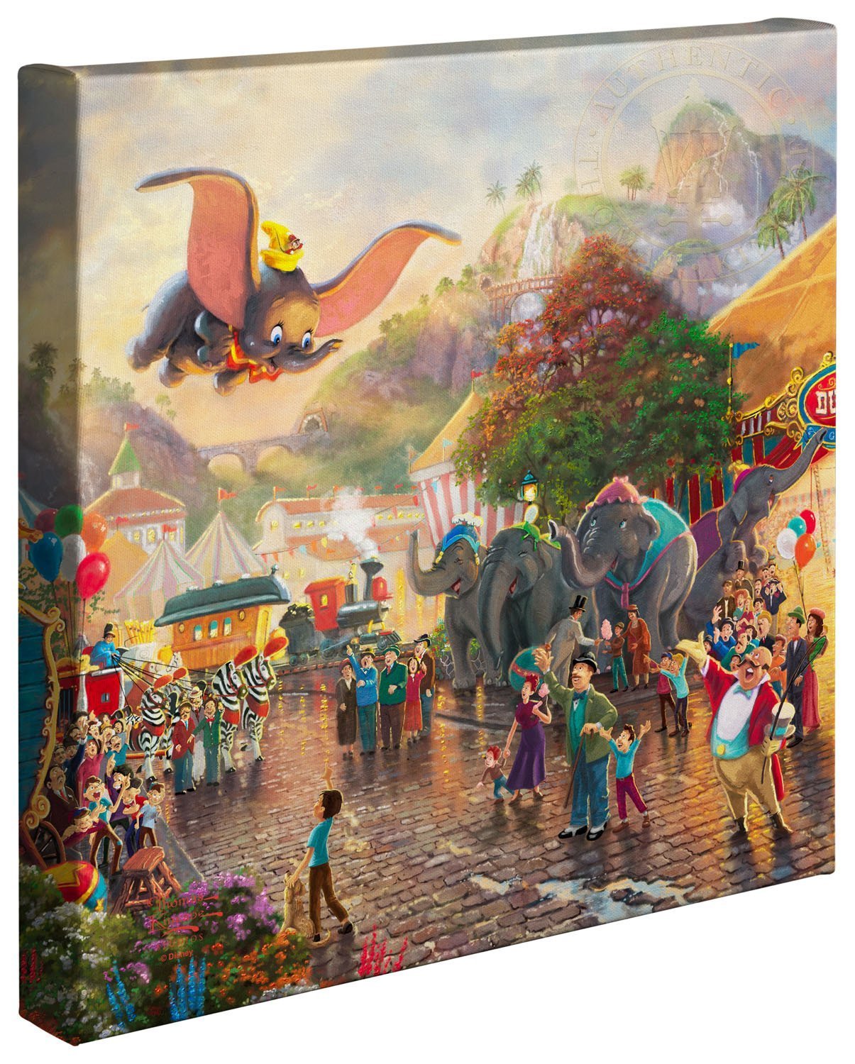 Dumbo by Thomas Kinkade  The happiness Dumbo soaring over the crowd. The onlookers’ faces beam with pride and joy in their friend’s accomplishments. 14 x14