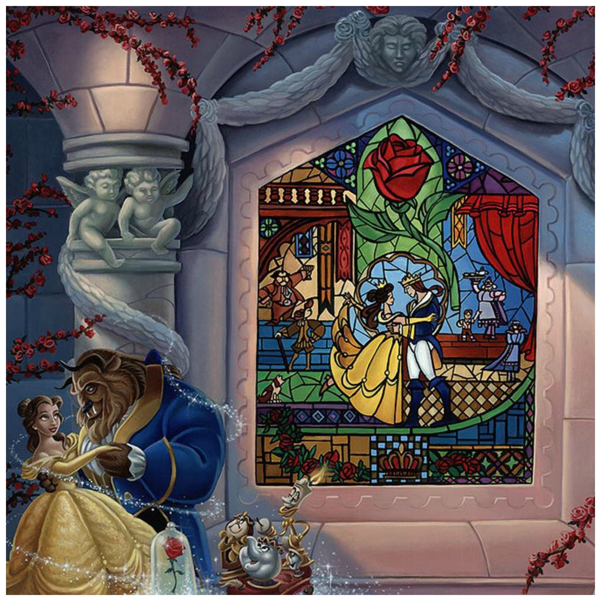 Enchanted Love by Jared Franco.  Belle and the Beast dancing in the castle's ballroom, a painted stain glass mural window of them in the background - closeup