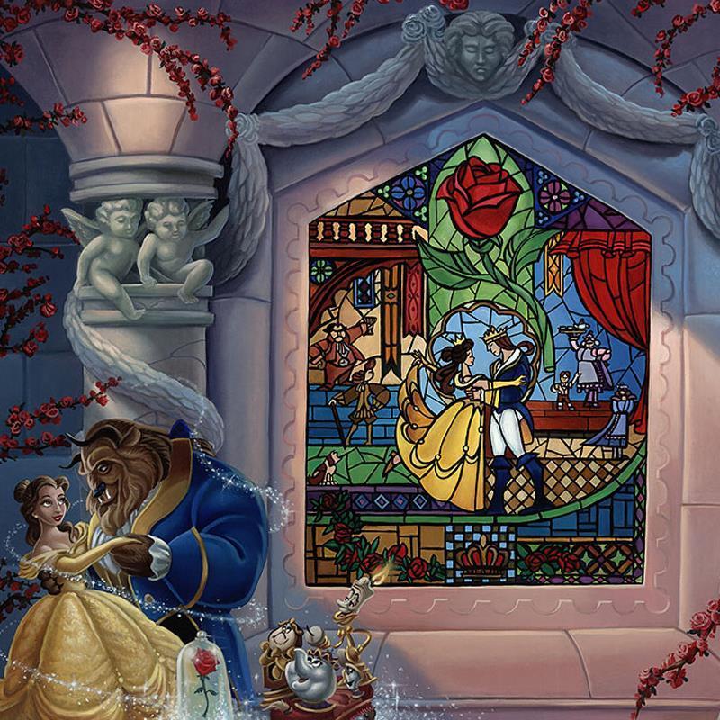 Enchanted Love by Jared Franco.  Belle and the Beast dancing in the castle's ballroom, a painted stain glass mural window of them in the background-closeup..