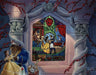 Enchanted Love by Jared Franco.  Belle and the Beast dancing in the castle's ballroom, a painted stain glass mural window of them in the background.
