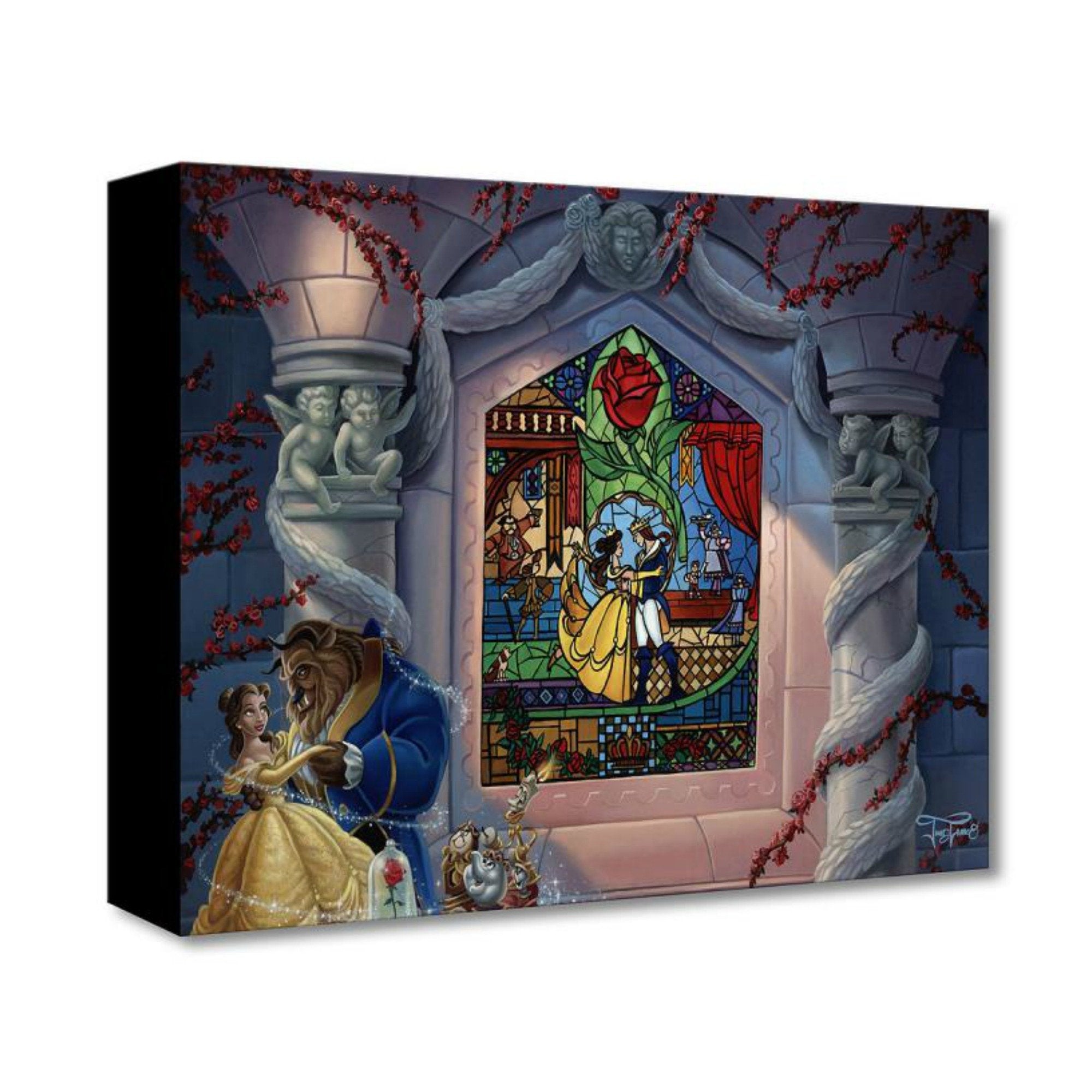 Enchanted Love by Jared Franco.  Belle and the Beast dancing in the castle's ballroom, a painted stain glass mural window of them in the background.
