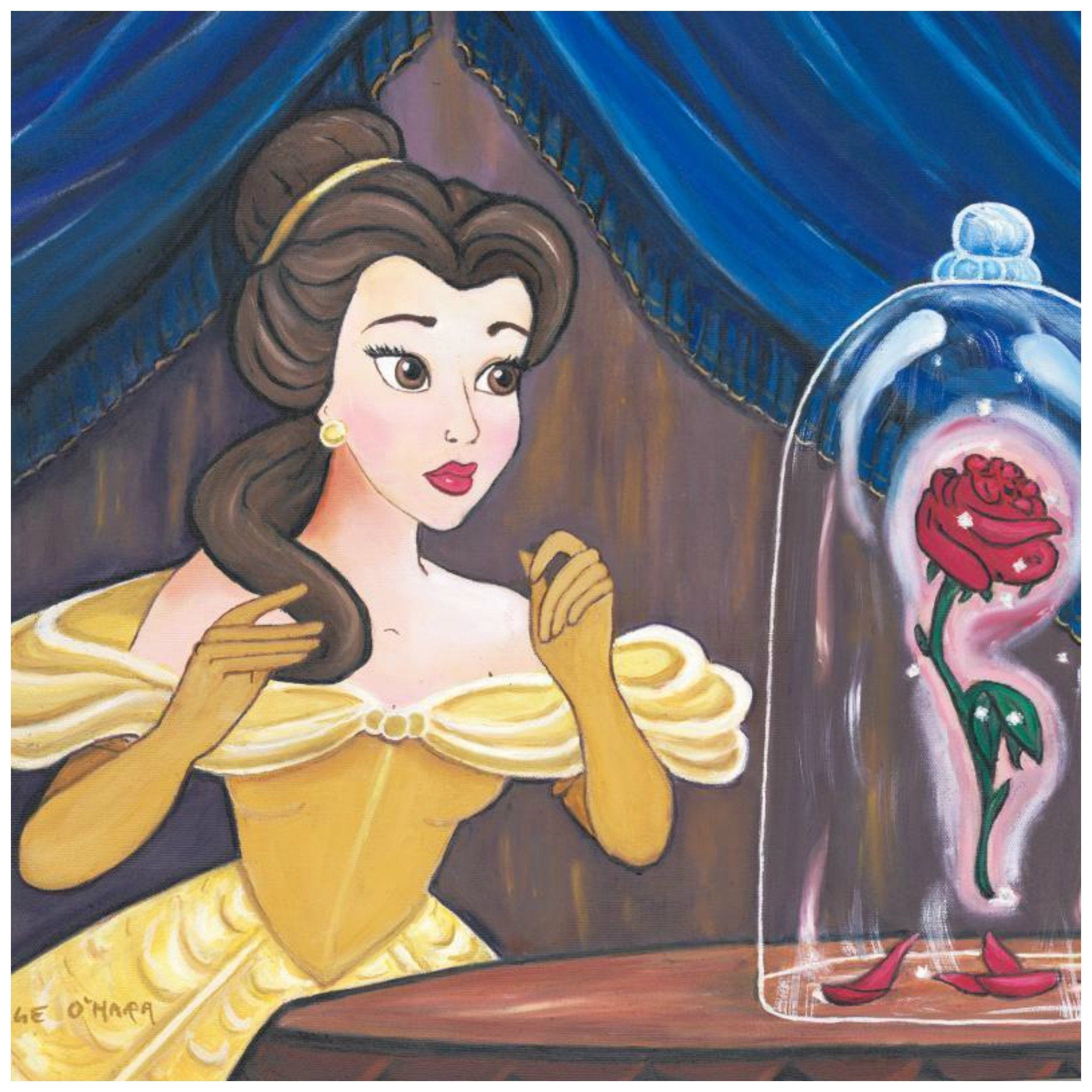 Enchanted Rose by Paige O'Hara.  Belle finds the enchanted red rose, inside a the glass dome. Inspired by Walt Disney's  Beauty and the Beast, fairy-tale story - closeup