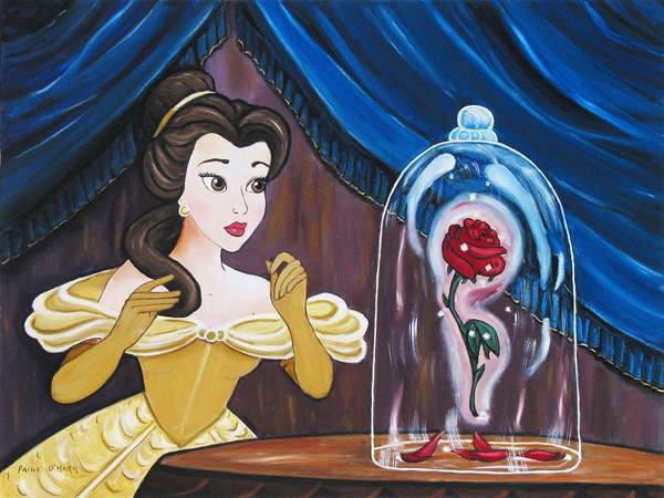 Belle finds the enchanted red rose, inside a the glass dome