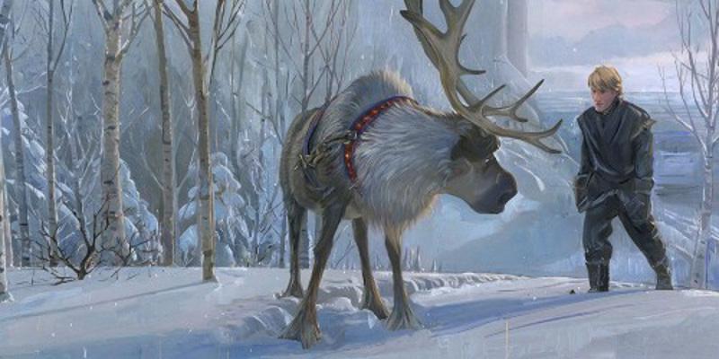 Ice harvester Kristoff and his reindeer Sven on the frozen tundra.