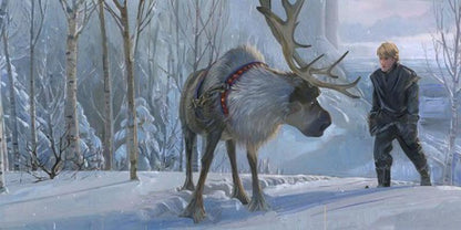Ice harvester Kristoff and his reindeer Sven on the frozen tundra.