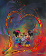 Mickey and Minnie sharing a romantic moment as they sit at a bristo table holding hands.
