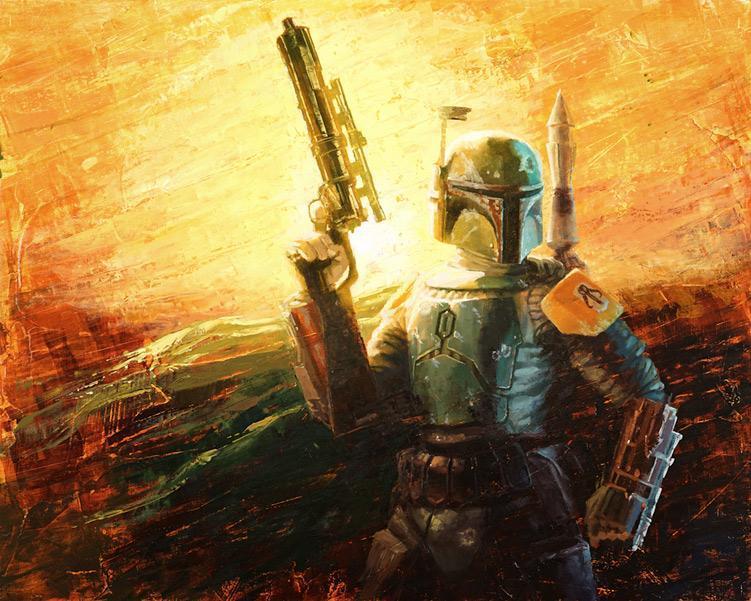 Boba Fett, the bounty hunter holding his EE-3 carbine rifle