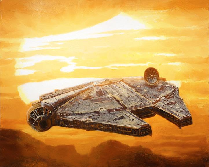 The Millennium Falcon sets off to the sunset.