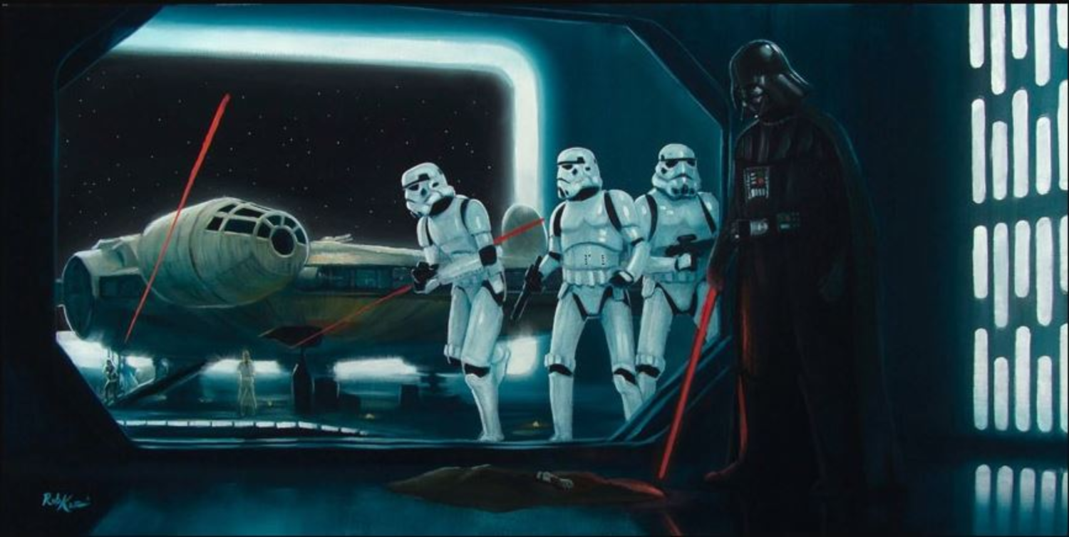 Darth Vader stands over the fallen Jedi.