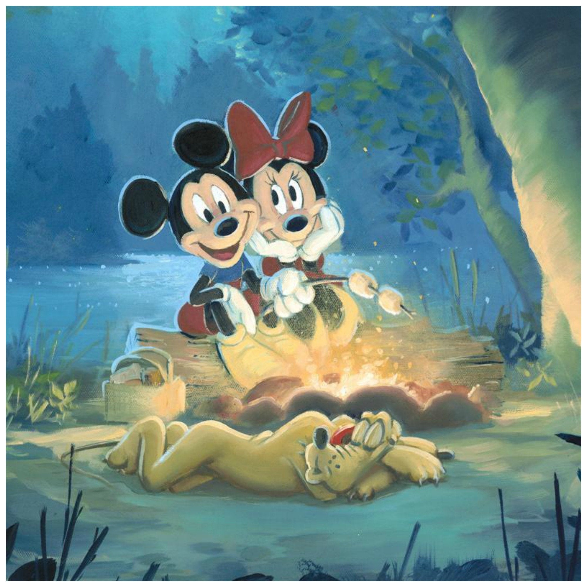 Family Campout by Rob Kaz.  Mickey and Minnie are roasting marshmallows by the campfire, while their pal Pluto sleeps by the warm the fire - closeup