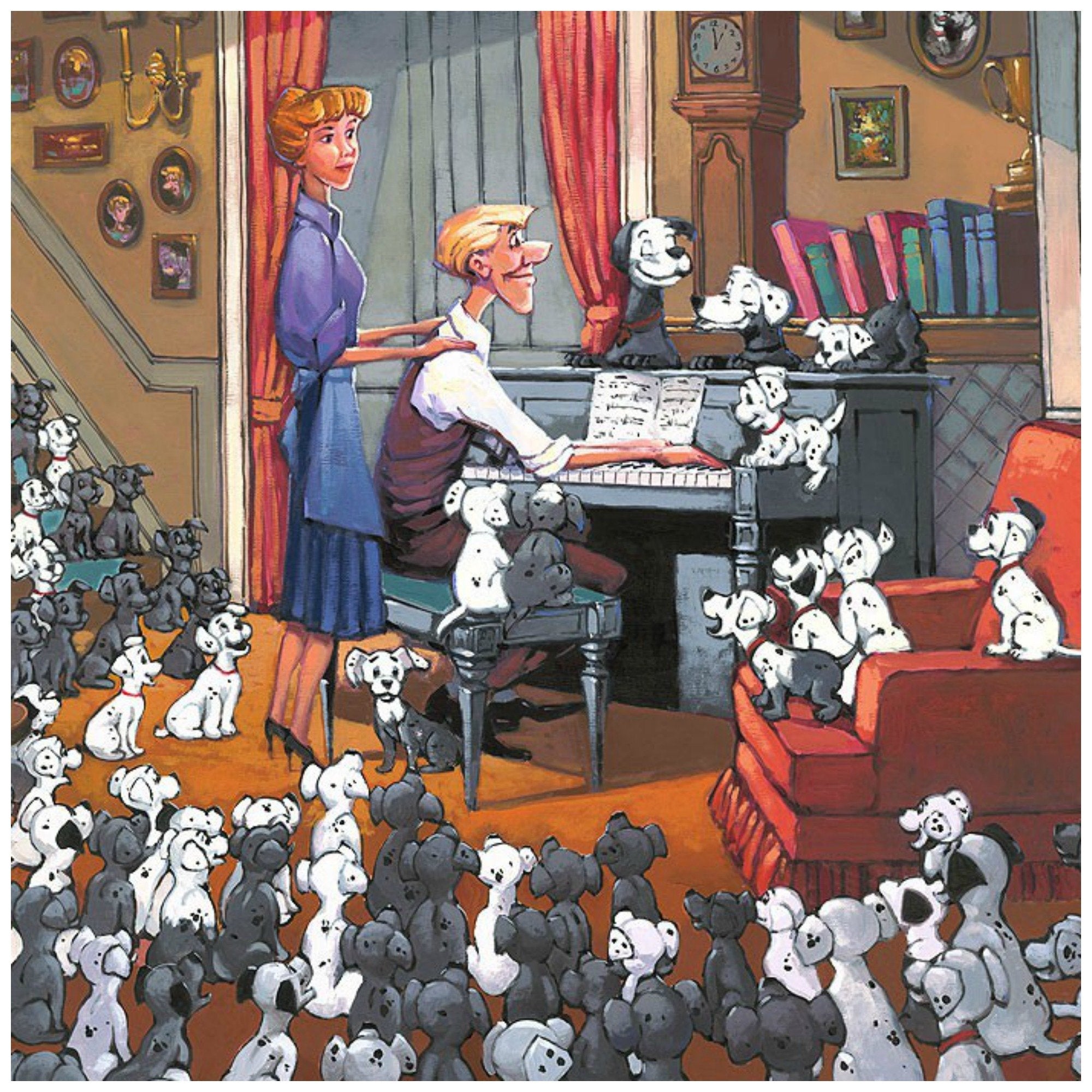  Family Gathering by Rodel Gonzalez.  Perdy and Pongo and their pups gathered quietly around Roger as he plays the piano, with Anita showing support - closeup.