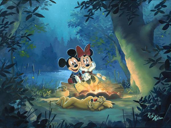 Mickey and Minnie roasting marshmallows by the fire, as Pluto sleeps 