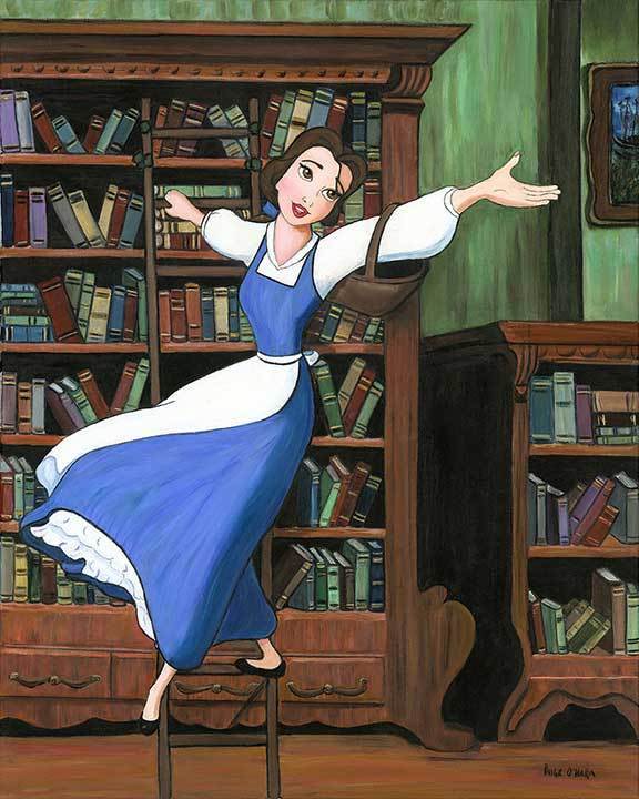 Belle escape to Far-off places, daring sword fights, a prince in disguise, with her collection of books., 