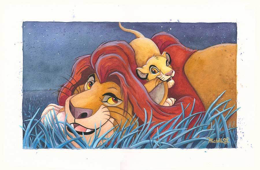 Mufasa and Simba playing around in the grassy meadow.