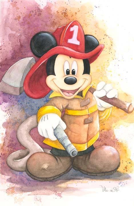 Mickey is ready with all his fireman hat and gear as the number 1 Fireman.