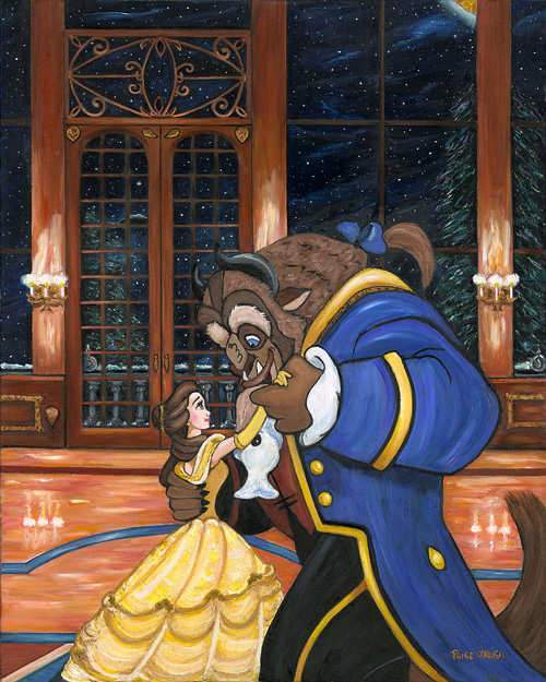 Belle and the Beast take their first dance in the castle's ballroom