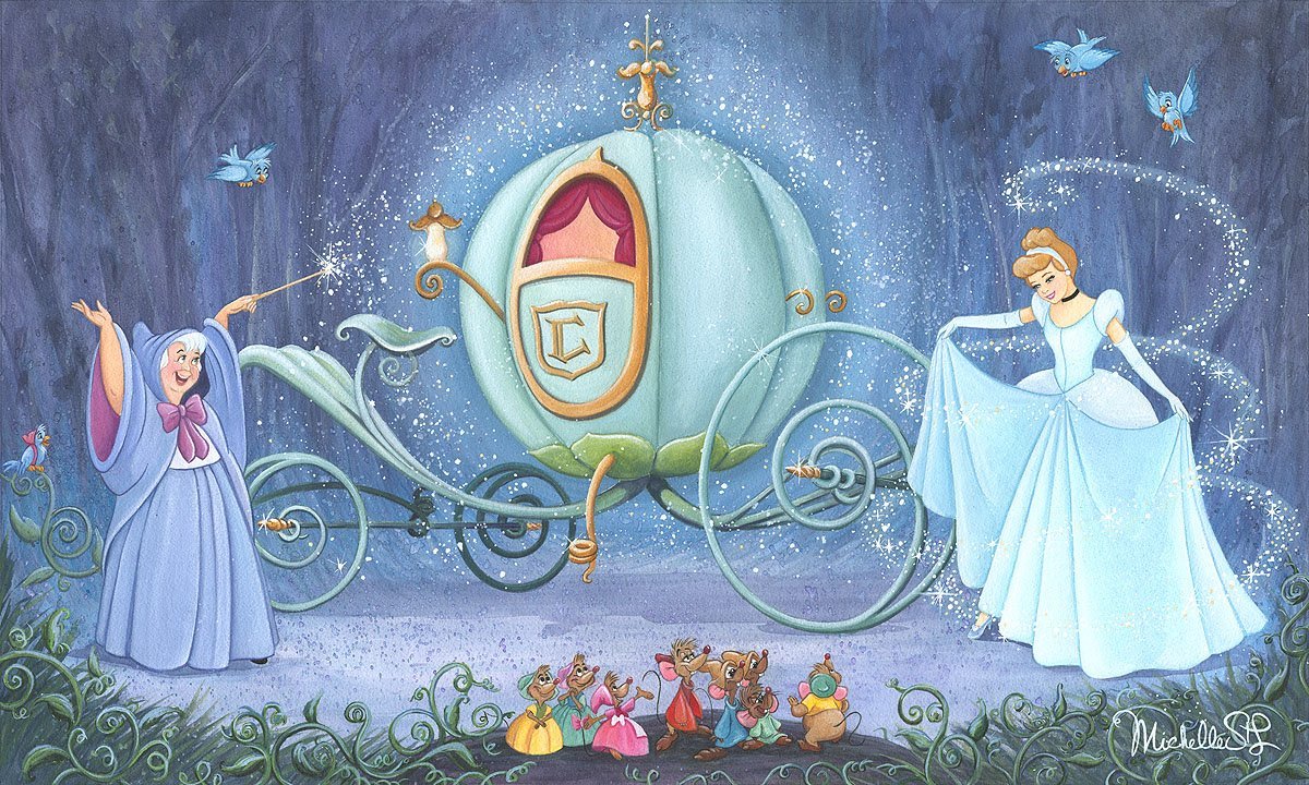 Cinderella's fairy godmother has used her magic wane to transform Cinderella into a princess fit for a ball.
