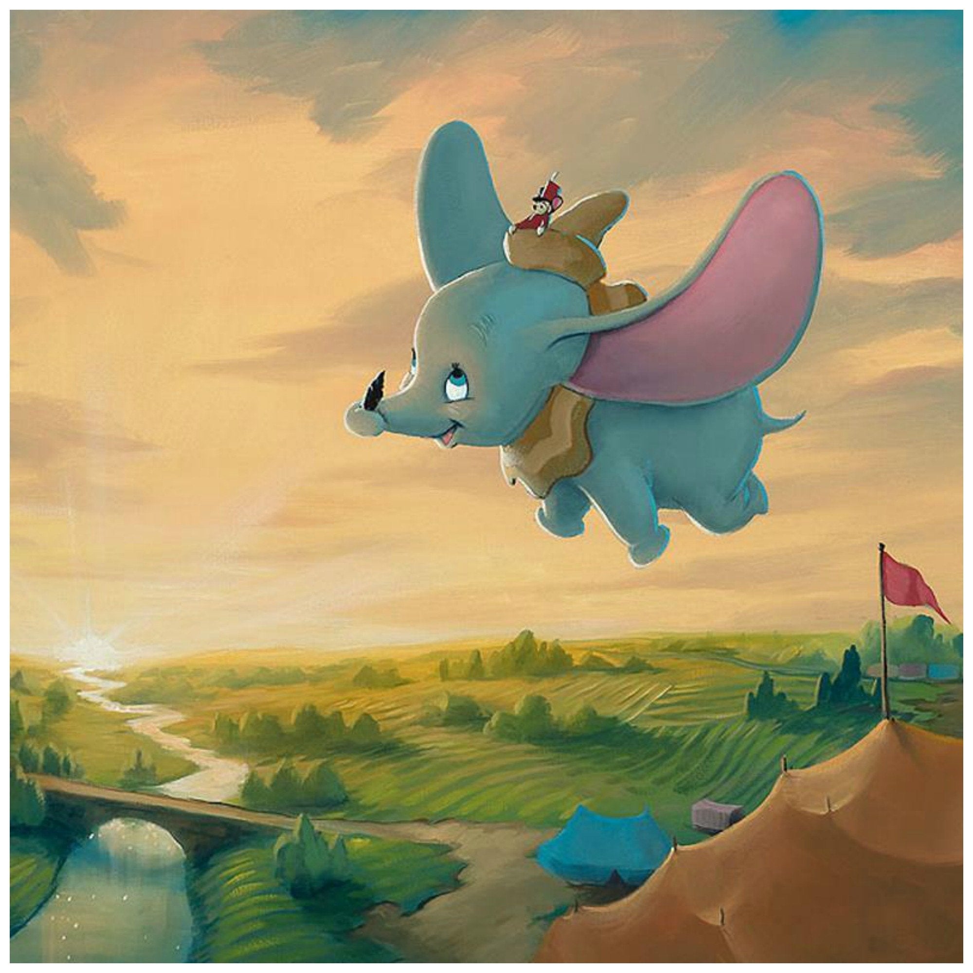 Flight Over the Big Top by Rob Kaz.   Timothy the mouse sits on top of Dumbo's hat, as they fly around over the countryside and the carnival - closeup