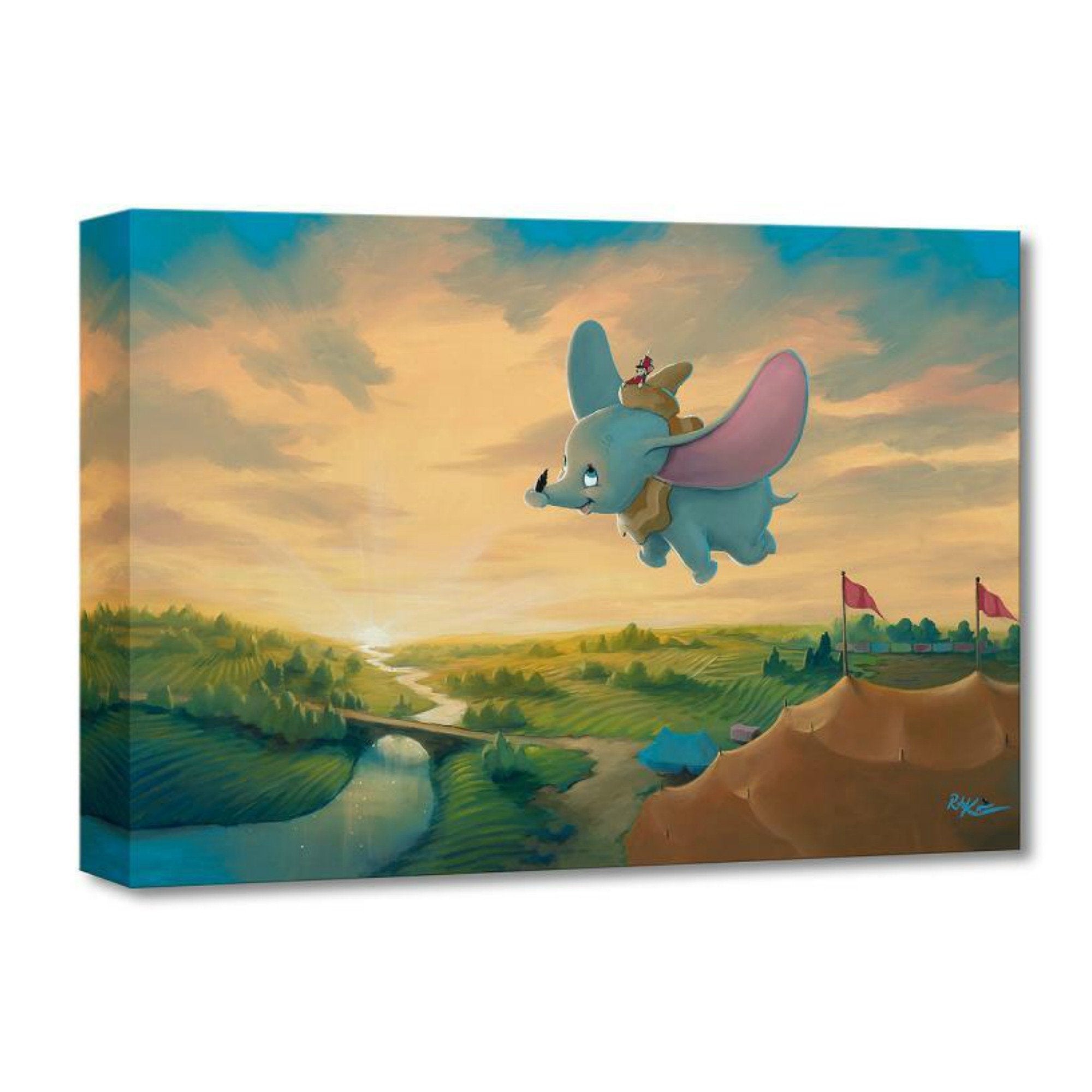 Flight Over the Big Top by Rob Kaz.   Timothy the mouse sits on top of Dumbo's hat, as they fly around over the countryside and the carnival.