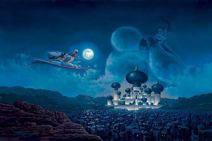 A romantic evening by the light of the moon, as Aladdin and Jasmine fly over Arabah