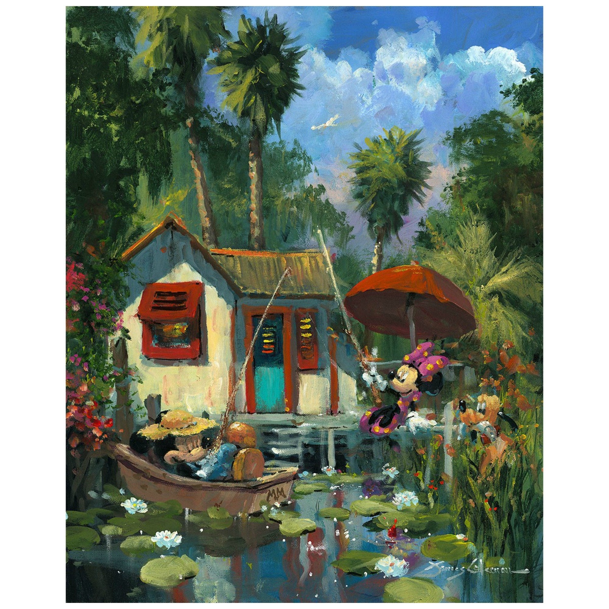 Florida Fishin by James Coleman-  Minnie fishs by the lily pond and Mickey naps in a small roll boat.