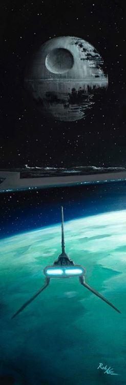 The Death Star II, Imperial Star Destroyer and V-wing fighter hovering over the planet Endor.