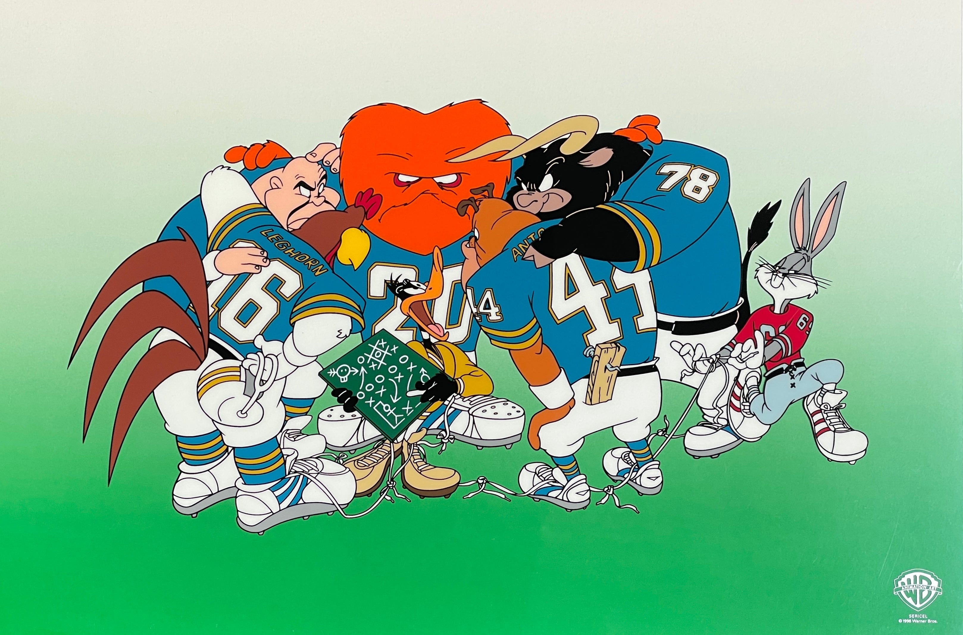 Daffy has the game plan down, and the Looney Tunes are ready to score in this image. Of course, Bugs has another idea entirely…