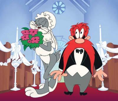 Bugs Bunny dressed bridal dress and Yosemite Sam in his tuxedo.