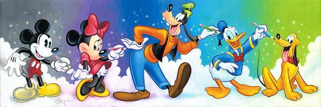 Goofy showing-off as he  takes the center stage lineup with, Mickey, Minnie, Donald Duck and Pluto.