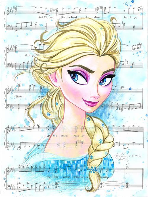 Portrait of the beautiful Elsa, with the music lyrics of "Let It Go"in  the background.