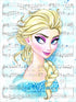 Portrait of the beautiful Elsa, with the music lyrics of "Let It Go"in  the background.