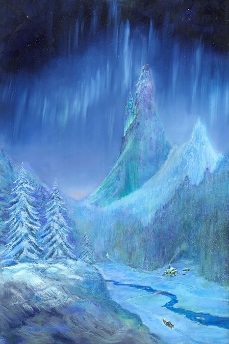 Frozen Sky by Harrison Ellenshaw.  Princess Elsa's ice castle sits high above the snow covered valley and icy skies.