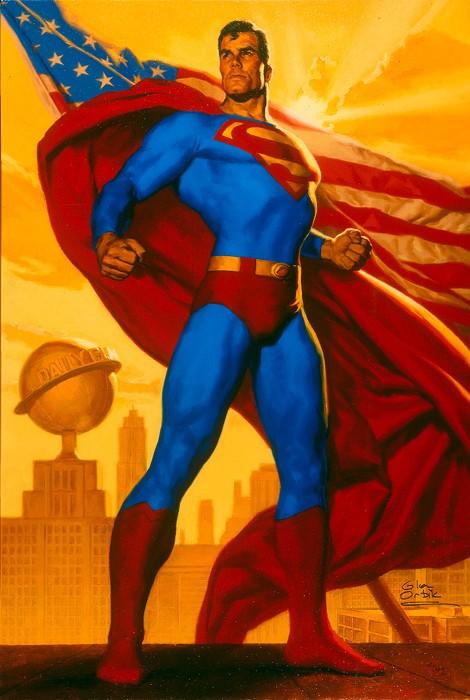 Truth Justice and The American Way by Glen Orbik  Superman stands tall, with the American flag flying behind him.