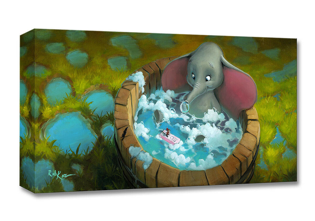 Dumbo bathing in a wood bath tub blowing bubbles, Artwork inspired by Walt Disney 1941 animated fantasy film &quot;Dumbo.&quot;