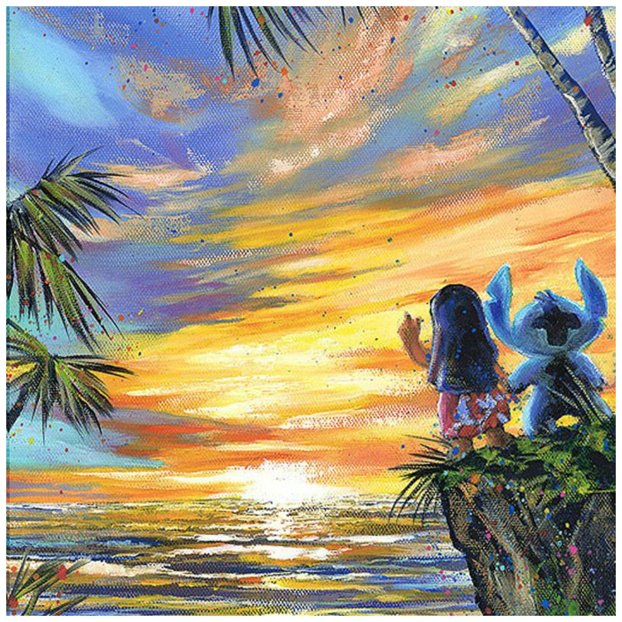 Goodbye to the Sun by Stephen Fishwick.  Lilo and Stitch stand a the top of the cliff to wish the sunset goodbye - closeup