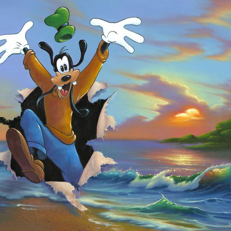 Goofy's Grand Entrance by Jim Warren  Goofy dashes out of an ocean scene painted canvas- closeup