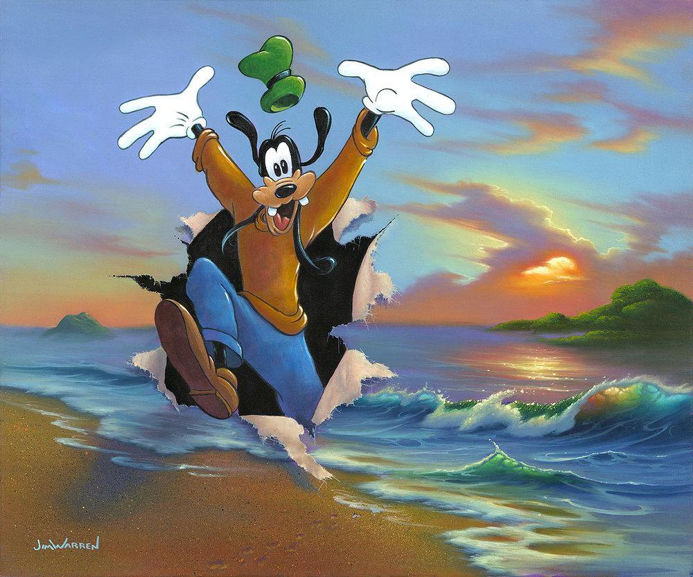 Goofy's Grand Entrance by Jim Warren  Goofy dashes out of an ocean scene painted canvas.