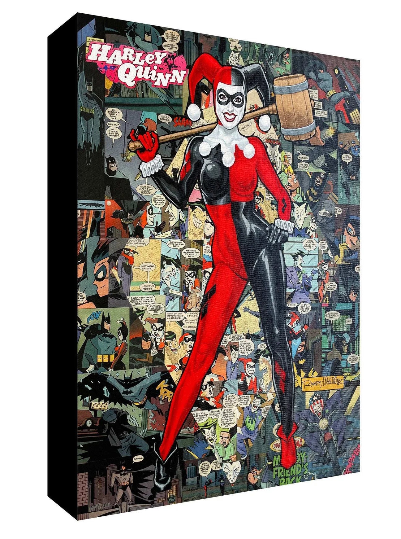 Harley Quinn popping out of a comic book page.
