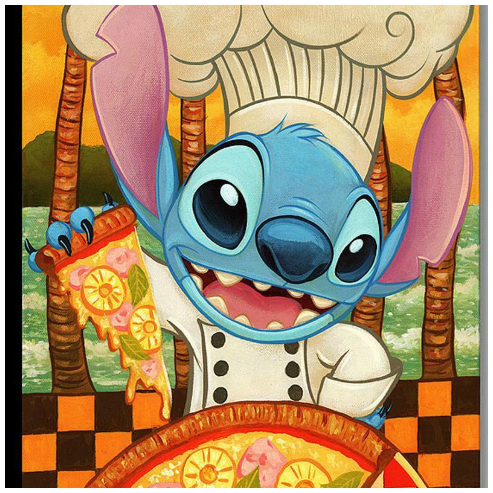  Hawaiian Pizza by Tim Rogerson  Chef Stitch is all smiles in this billboard style cameo poses, holding a slice of pineapple pizza - closeup