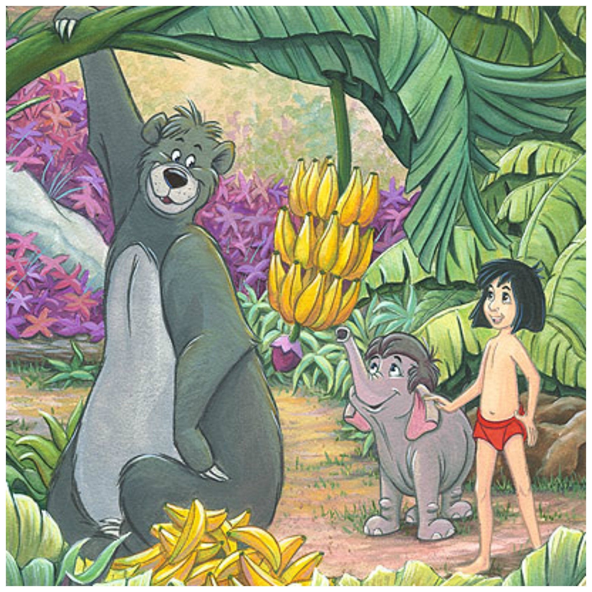 Home in the Jungle by Michelle St. Laurent.  Mowgli and Baloo help baby elephant Hathi Jr. by lowering down the hanging cluster of bananas from the bananas tree - closeup