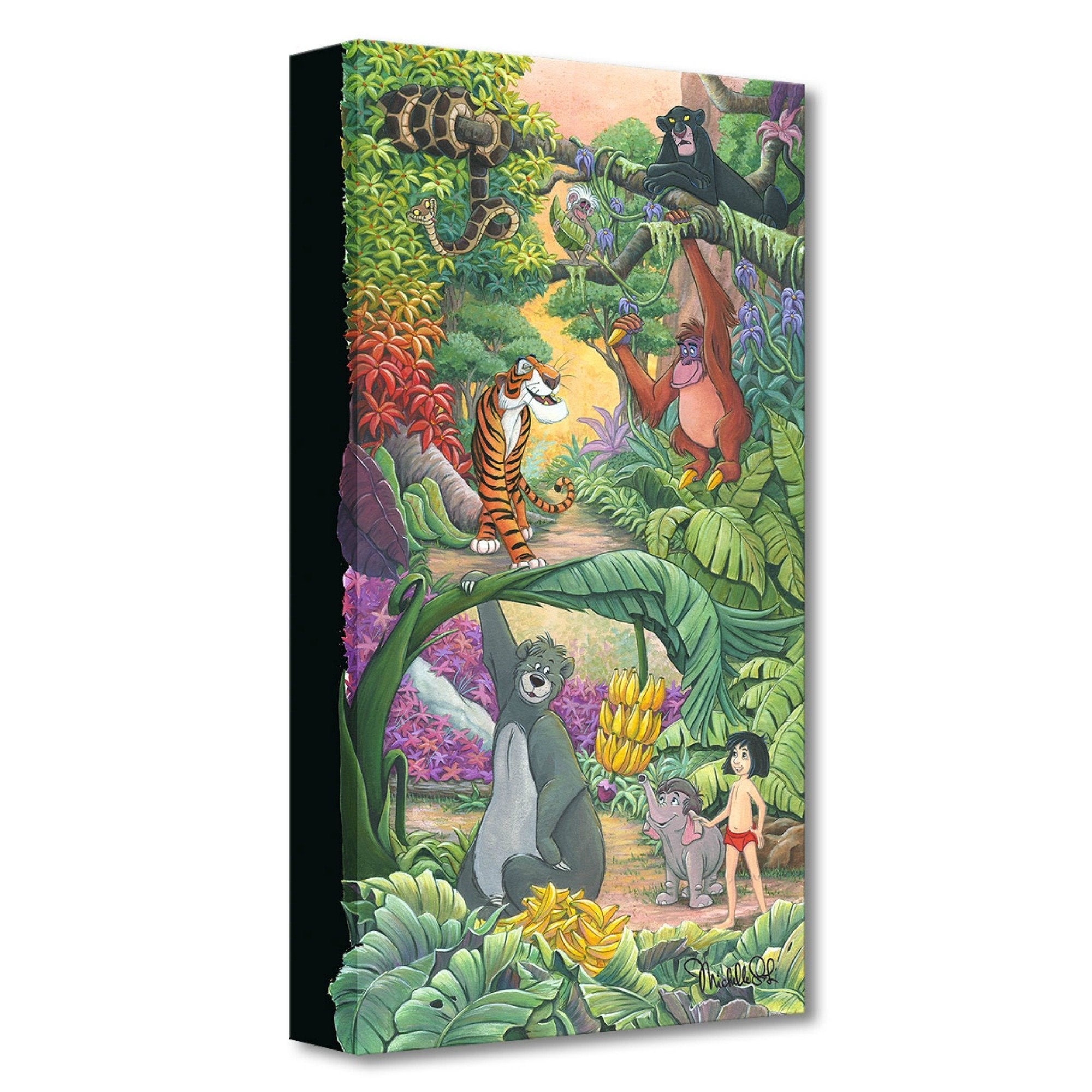 Home in the Jungle by Michelle St. Laurent.  Mowgli and Baloo help baby elephant Hathi Jr. by lowering down the hanging cluster of bananas from the bananas tree.
