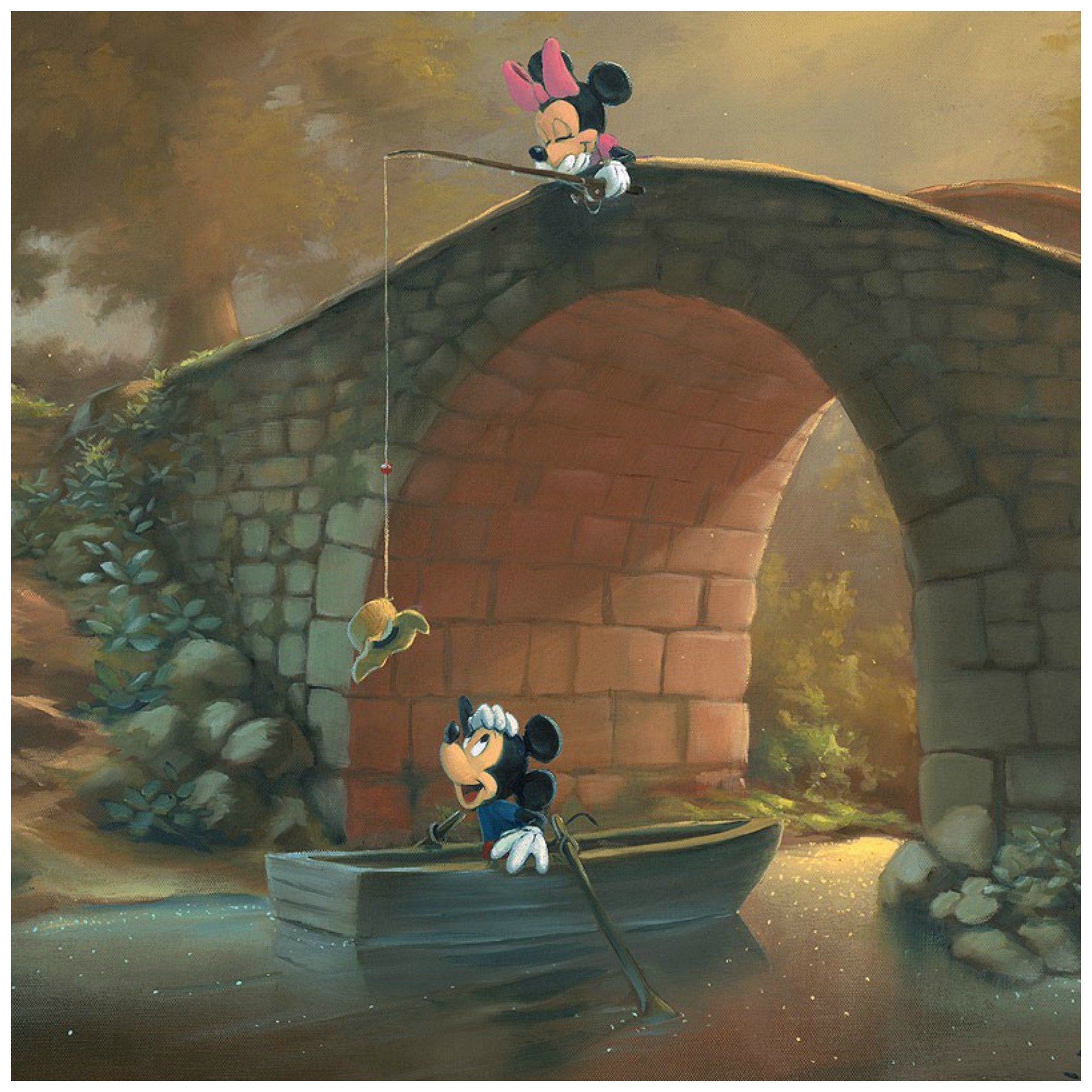 Hooked On You by Rob Kaz.  Minnie surprises Mickey as she catches his hat with her fishing pole from on top of the bridge - closeup