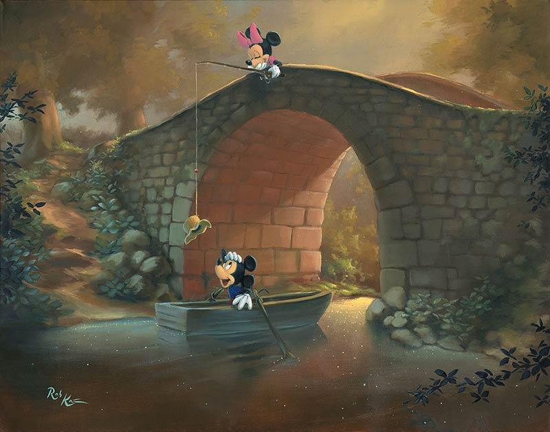 Minnie surprises Mickey by catching his sun hat with a fishing pole, before Mickey's boat drifts under the bridge. 