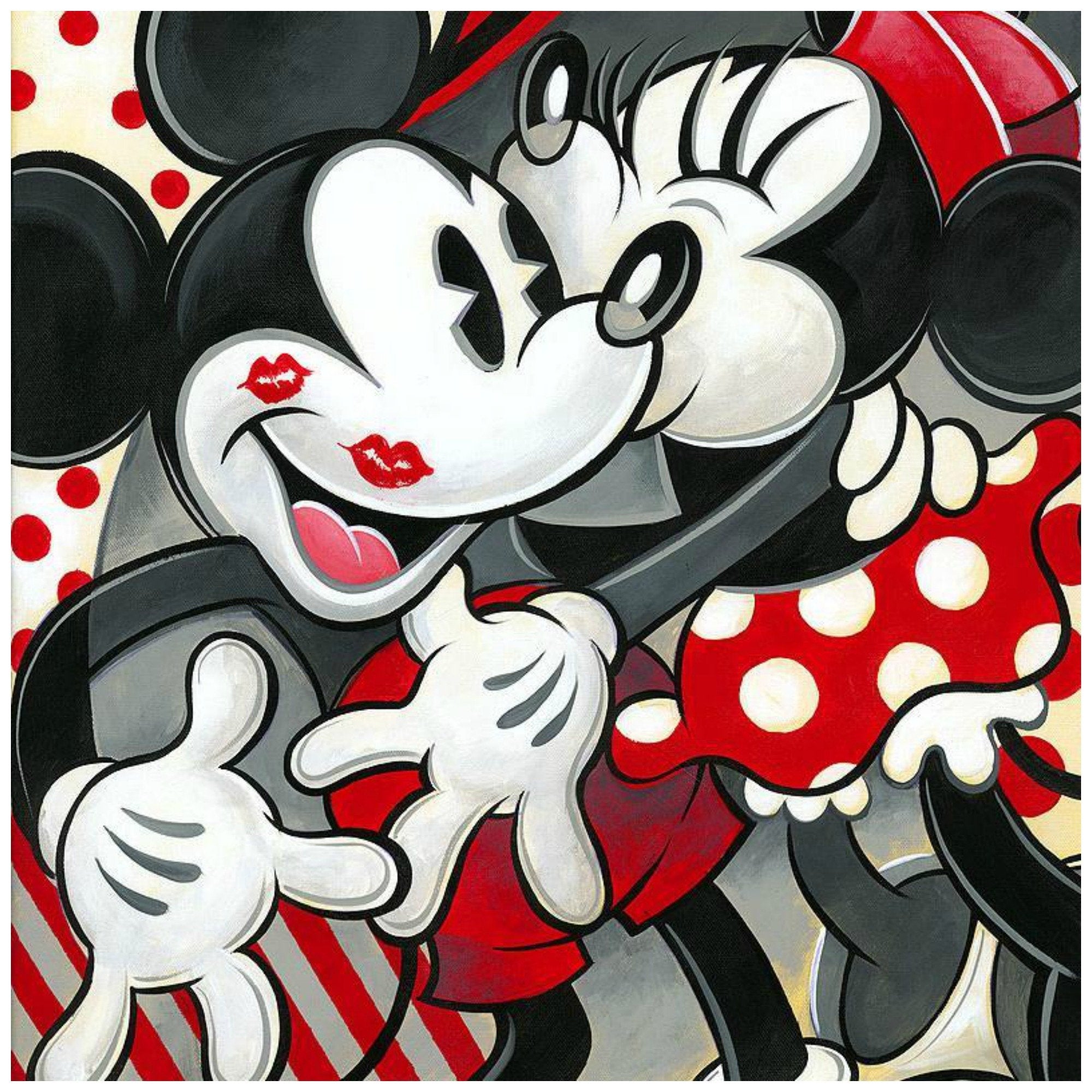Hugs and Kisses by Tim Rogerson   Minnie giving Mickey hugs and lots of red kisses - closeup
