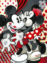 Minnie giving a Mickey hugs and lots of red kisses.