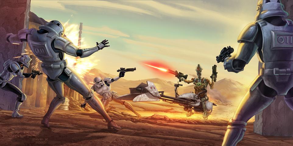 IG-11 rides into town with his blasters and takes down the stormtroopers. Artwork inspired by Star War&